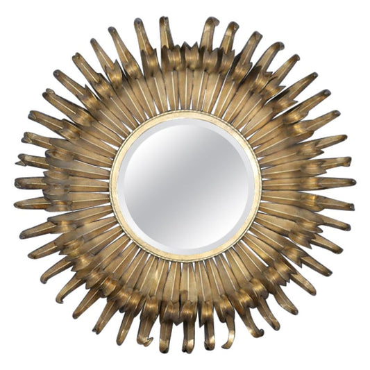 Retro Mid Century Modern Style Bent Gold Metal Sunburst With Beveled Mirror