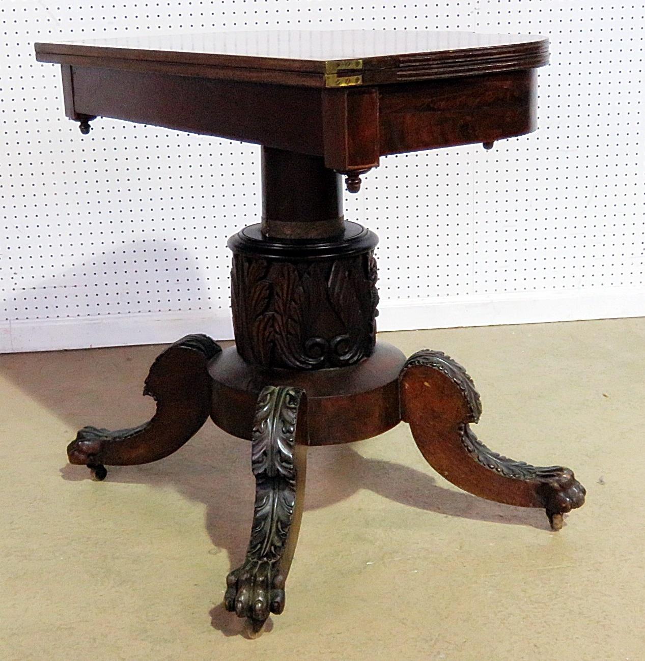 Antique 1820s Solid Mahogany Carved Paw Foot Duncan Phyfe Style Card Table