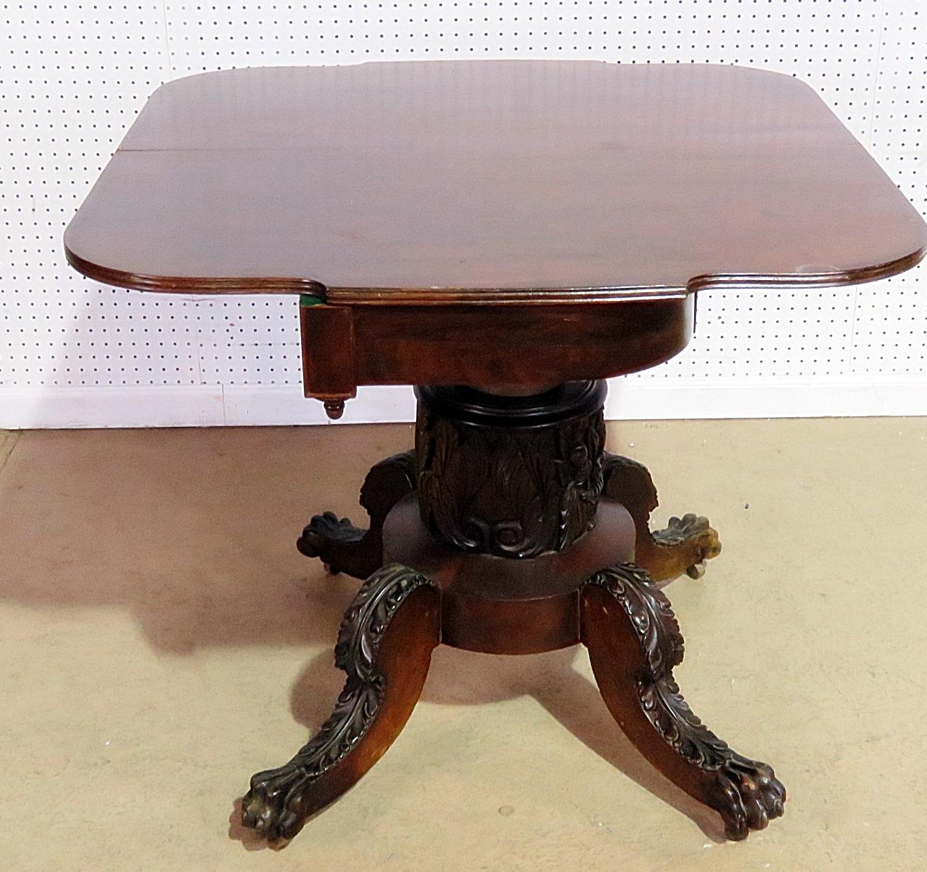 Antique 1820s Solid Mahogany Carved Paw Foot Duncan Phyfe Style Card Table