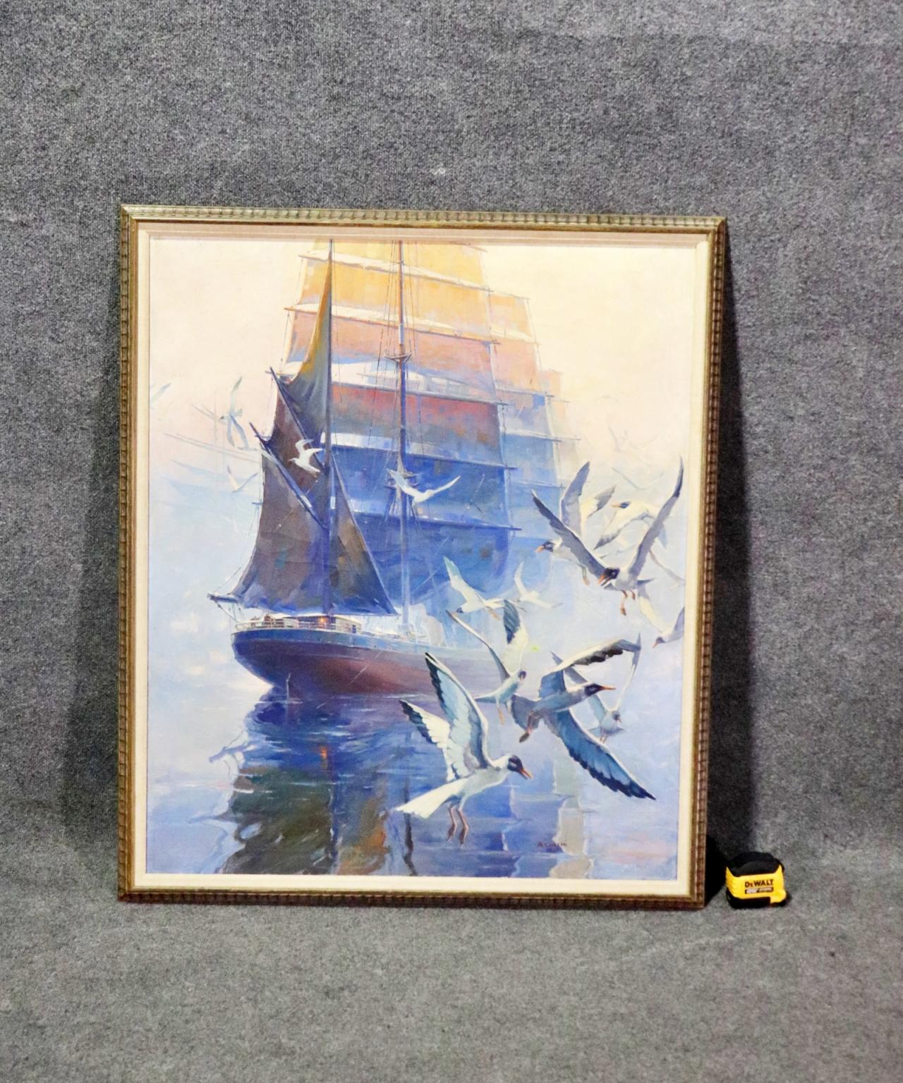 Gorgeous Oil Painting Sailing Ship Early Morning Fog signed A. Cucchi Dates 1939