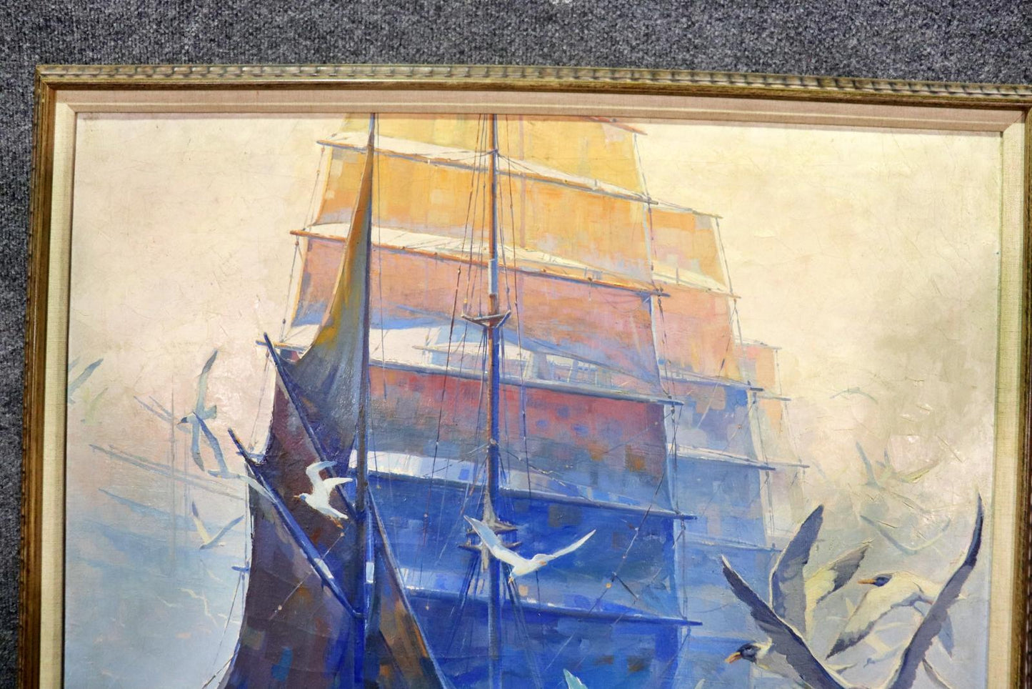 Gorgeous Oil Painting Sailing Ship Early Morning Fog signed A. Cucchi Dates 1939