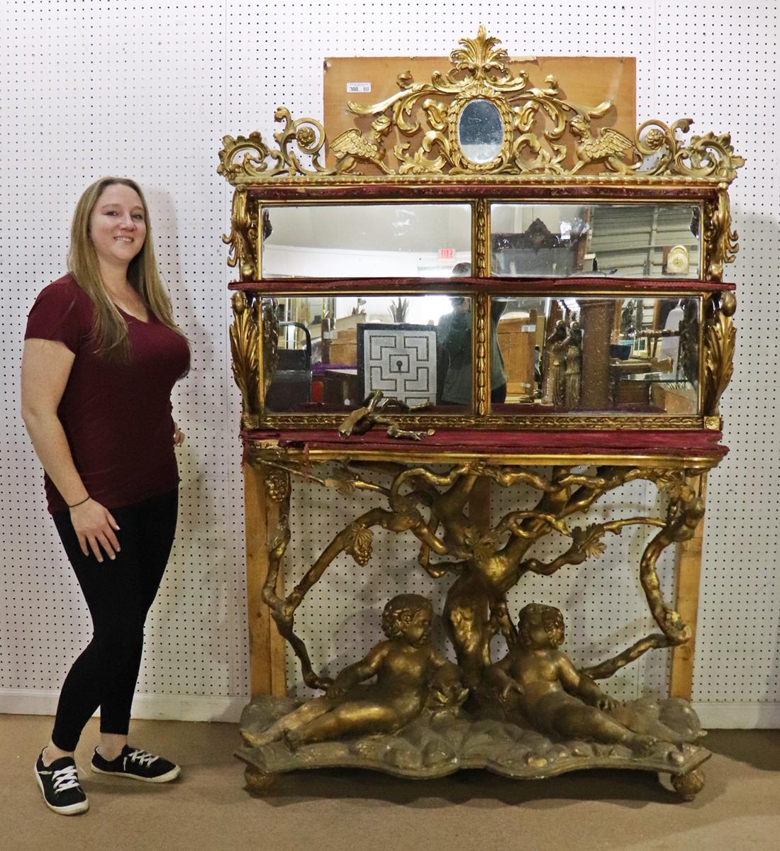 Gilded Palatial Mirrored Console Cabinet Vitrine with Putti