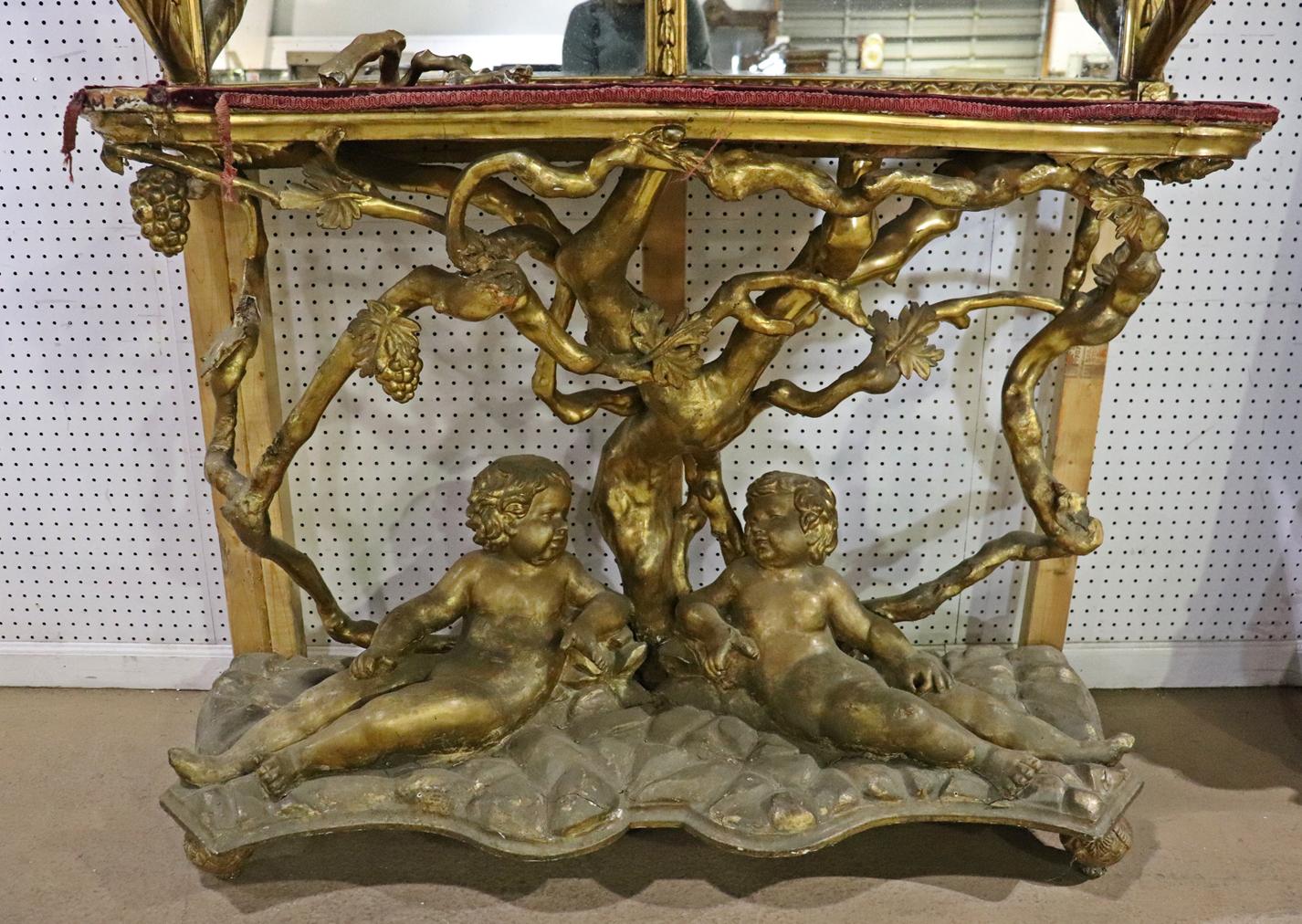 Gilded Palatial Mirrored Console Cabinet Vitrine with Putti