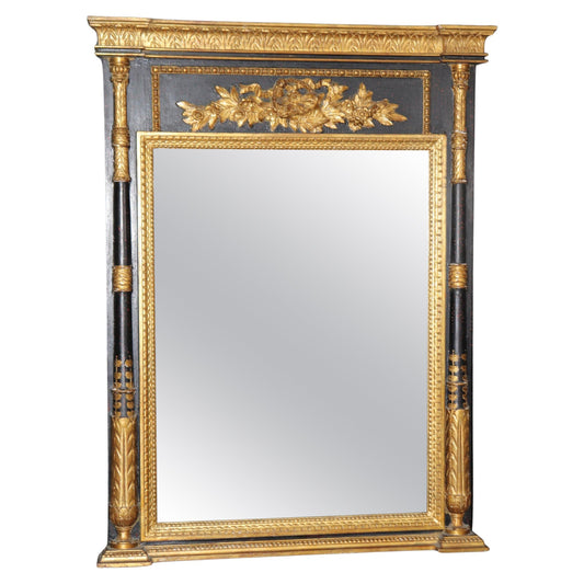 Ebonized Carved Italian Neoclassical Giltwood Trumeau Wall Mirror Circa 1960s