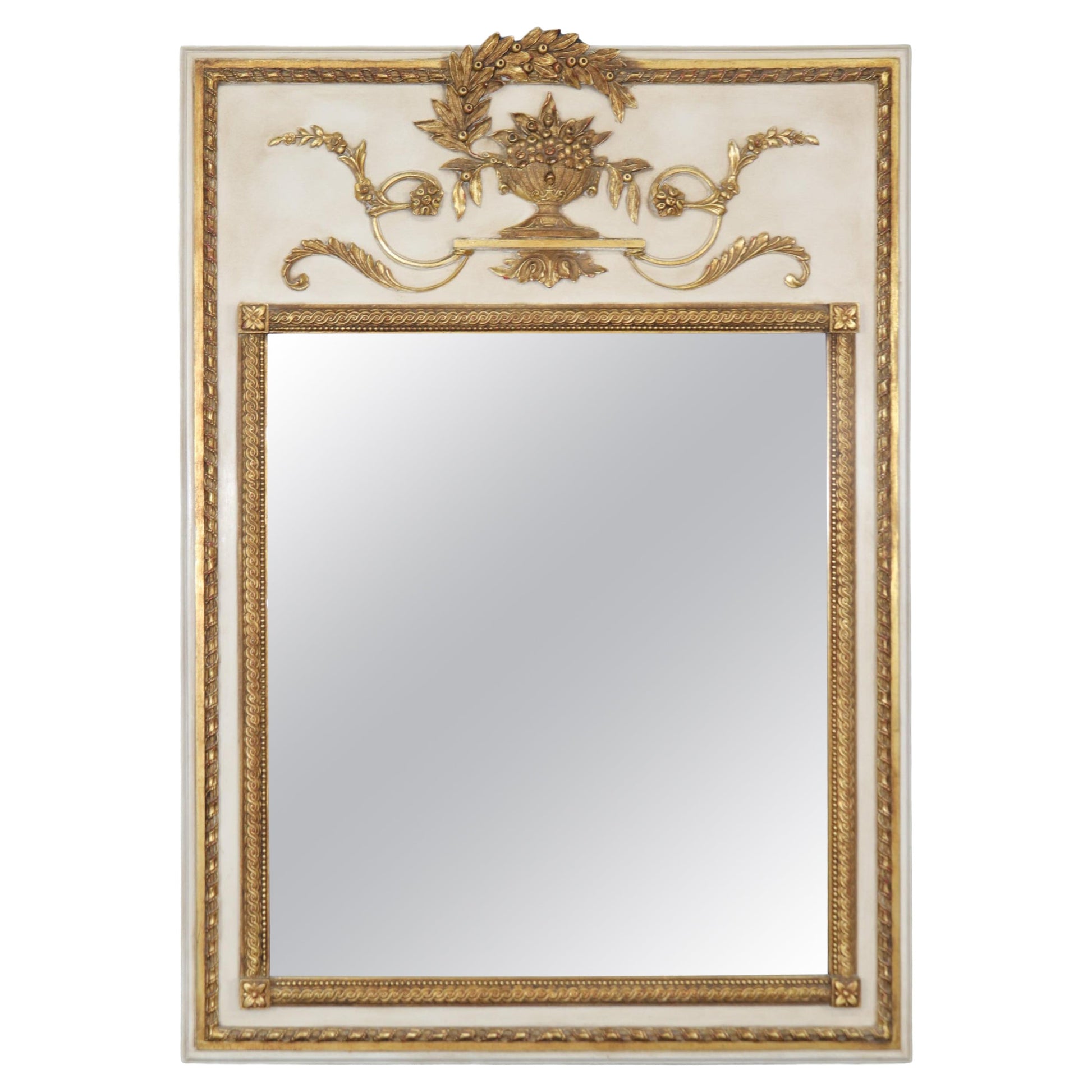 Fine Creme Paint Decorated and Gilded French Louis XV Trumeau Mirror