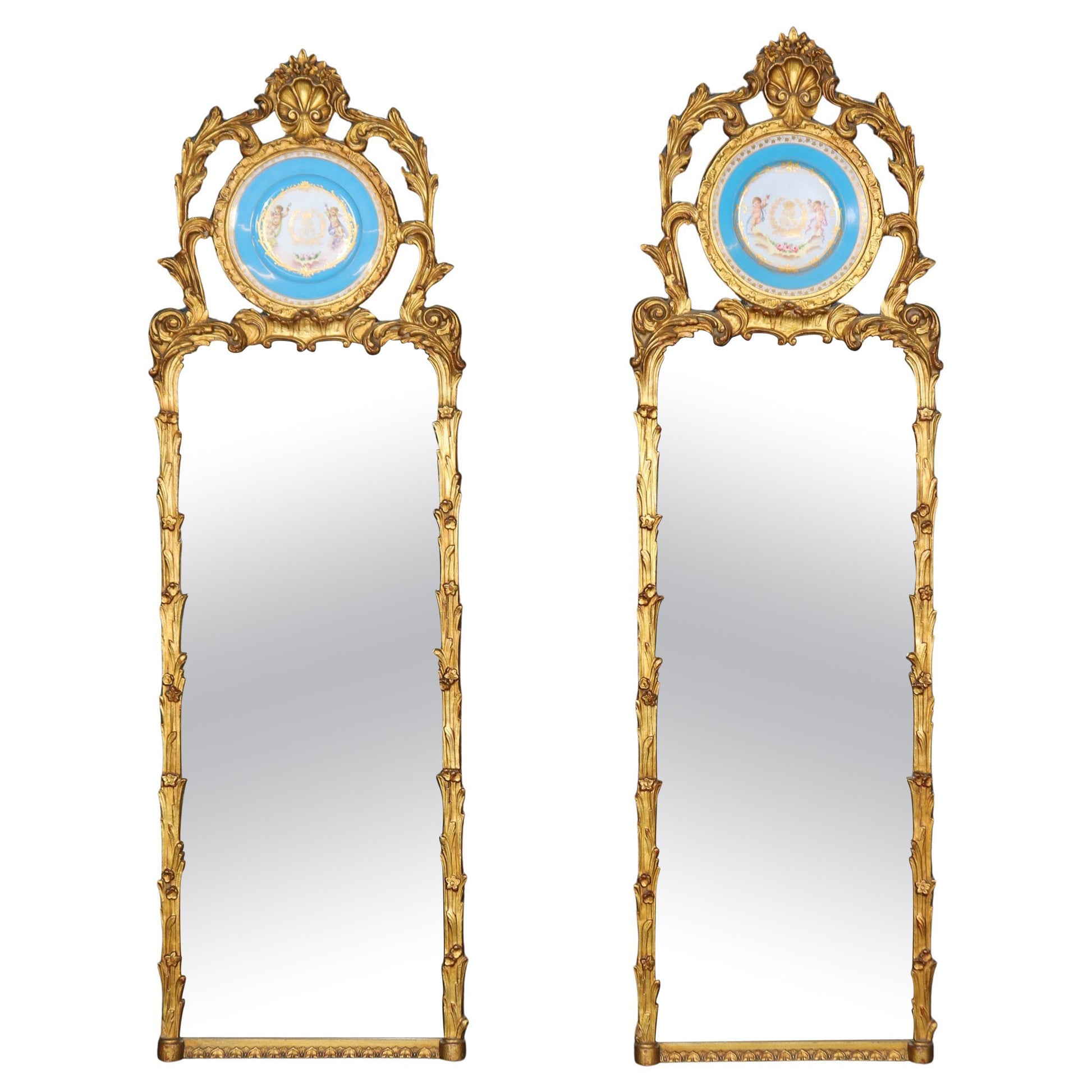 Rare Pair Carved Giltwood French Louis XV Style Mirrors with Sevres Plaques