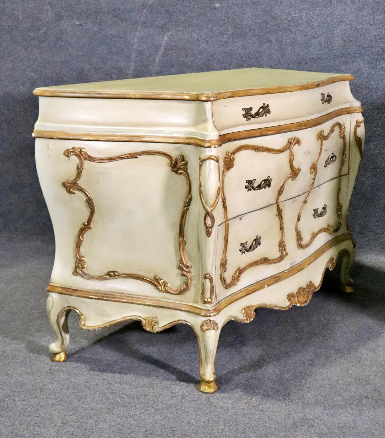 Pair of Italian Rococo Paint Decorated Creme and Giltwood Commodes