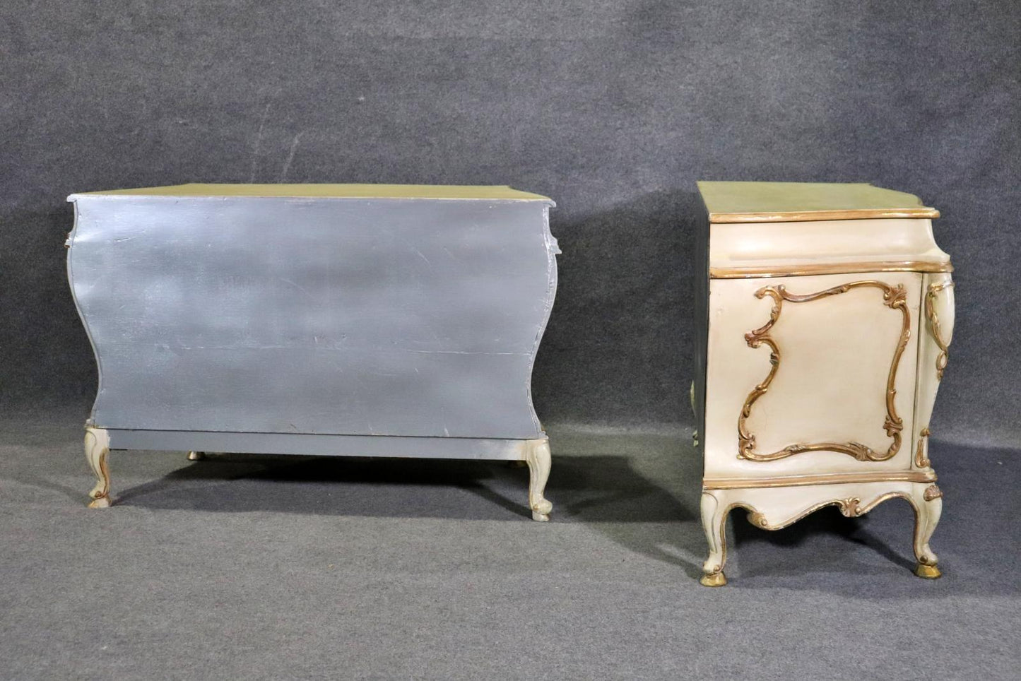 Pair of Italian Rococo Paint Decorated Creme and Giltwood Commodes