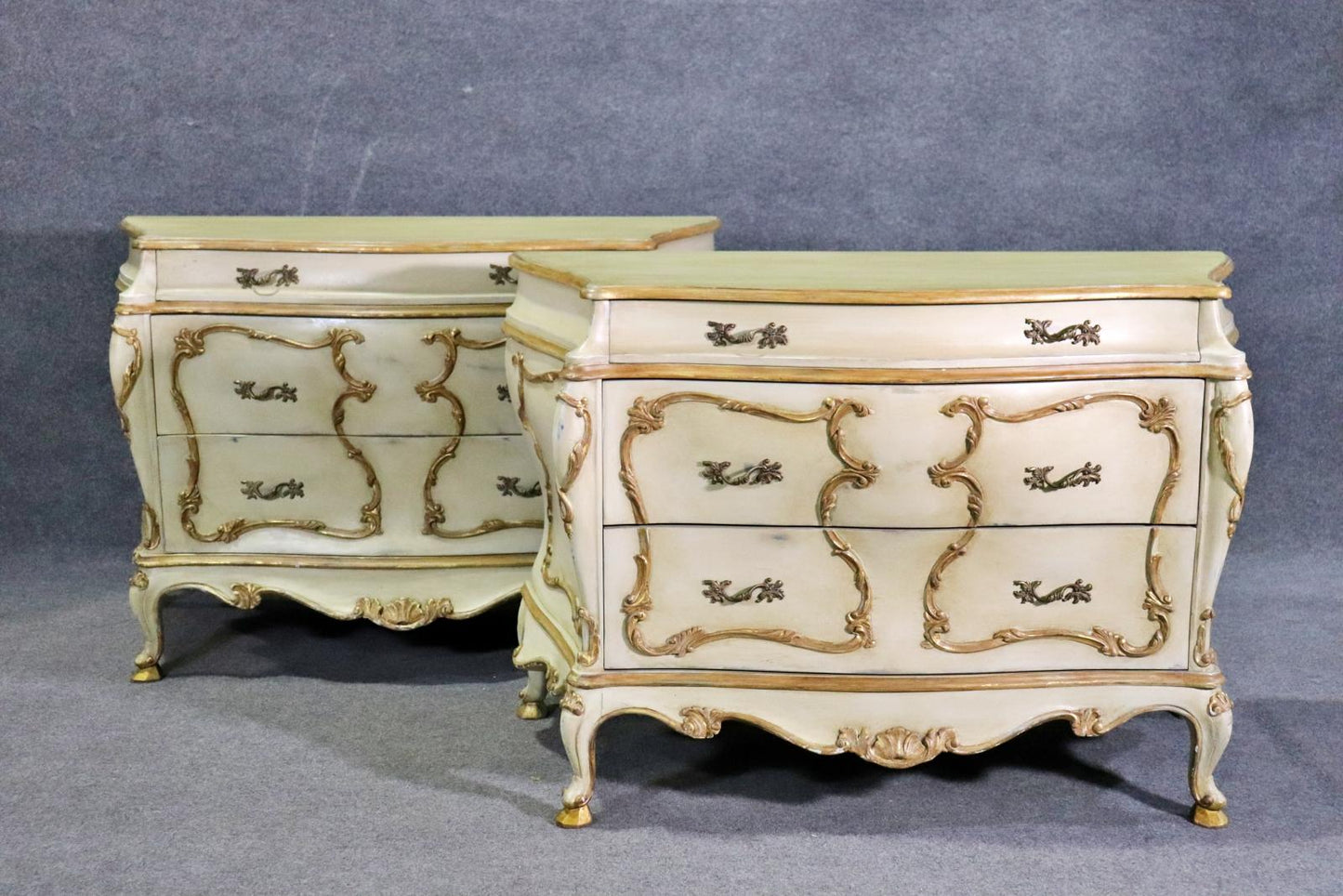 Pair of Italian Rococo Paint Decorated Creme and Giltwood Commodes