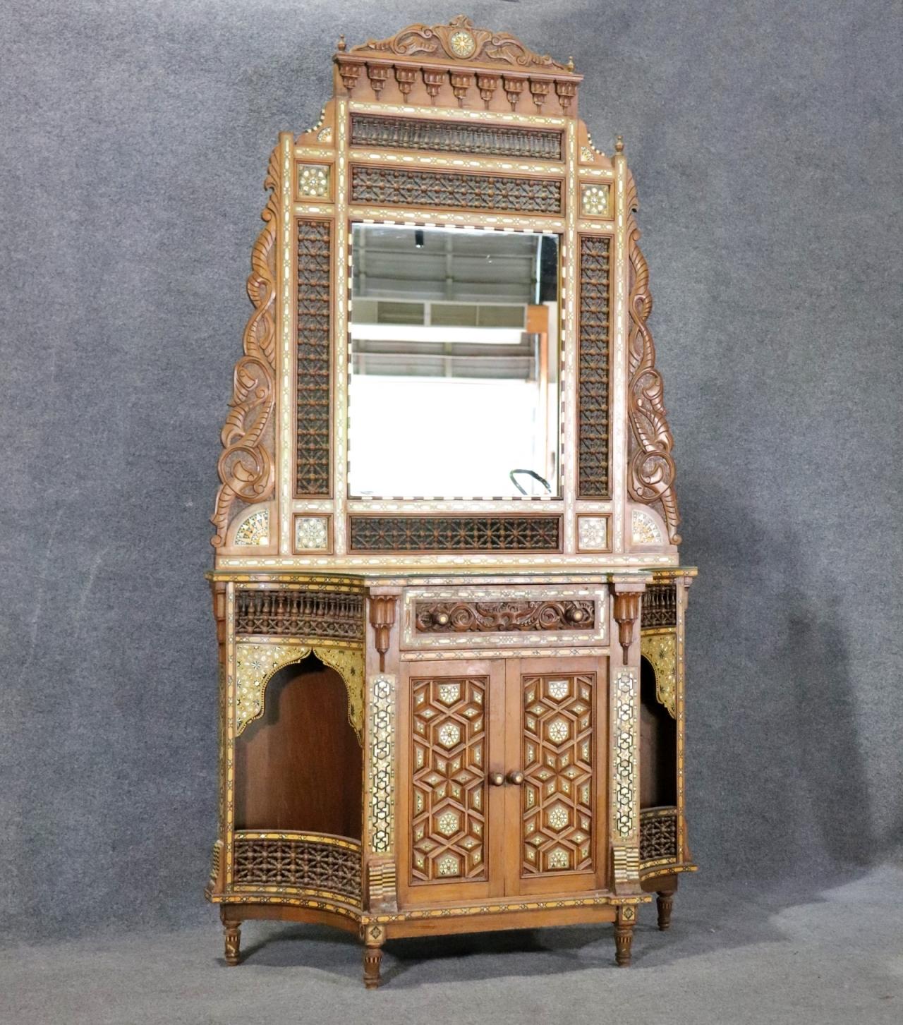 Extremely Rare Morrocan Inlaid Mirrored Vitrine Bookcase Circa 1890