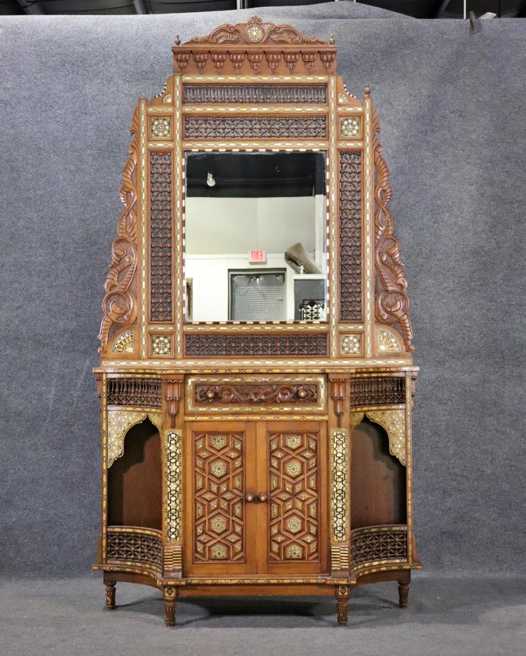 Extremely Rare Morrocan Inlaid Mirrored Vitrine Bookcase Circa 1890