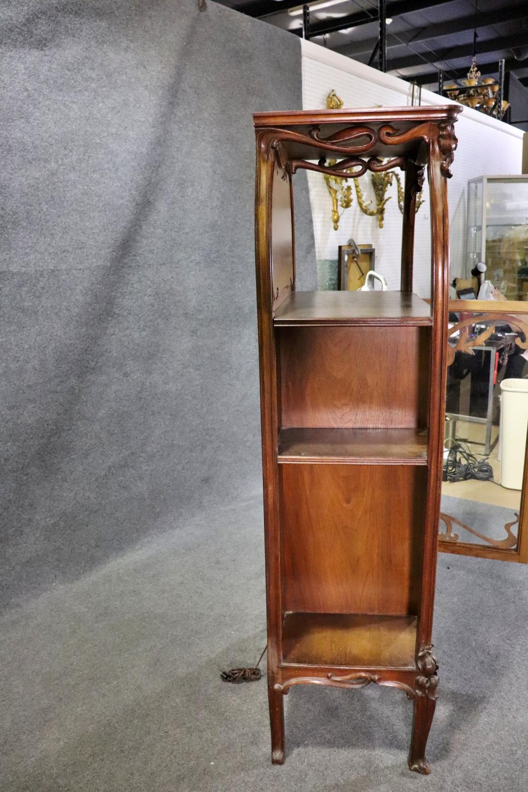 Signed A. Hugnet French Art Nouveau Walnut Vitrine China Cabinet