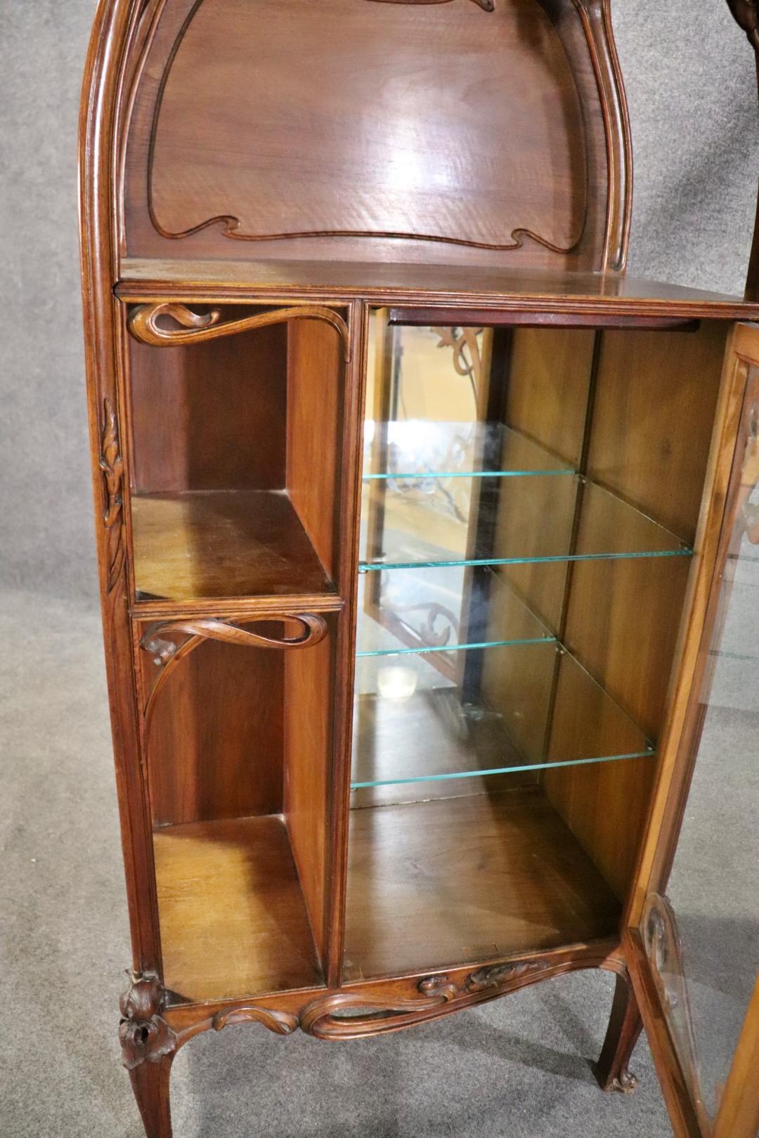 Signed A. Hugnet French Art Nouveau Walnut Vitrine China Cabinet