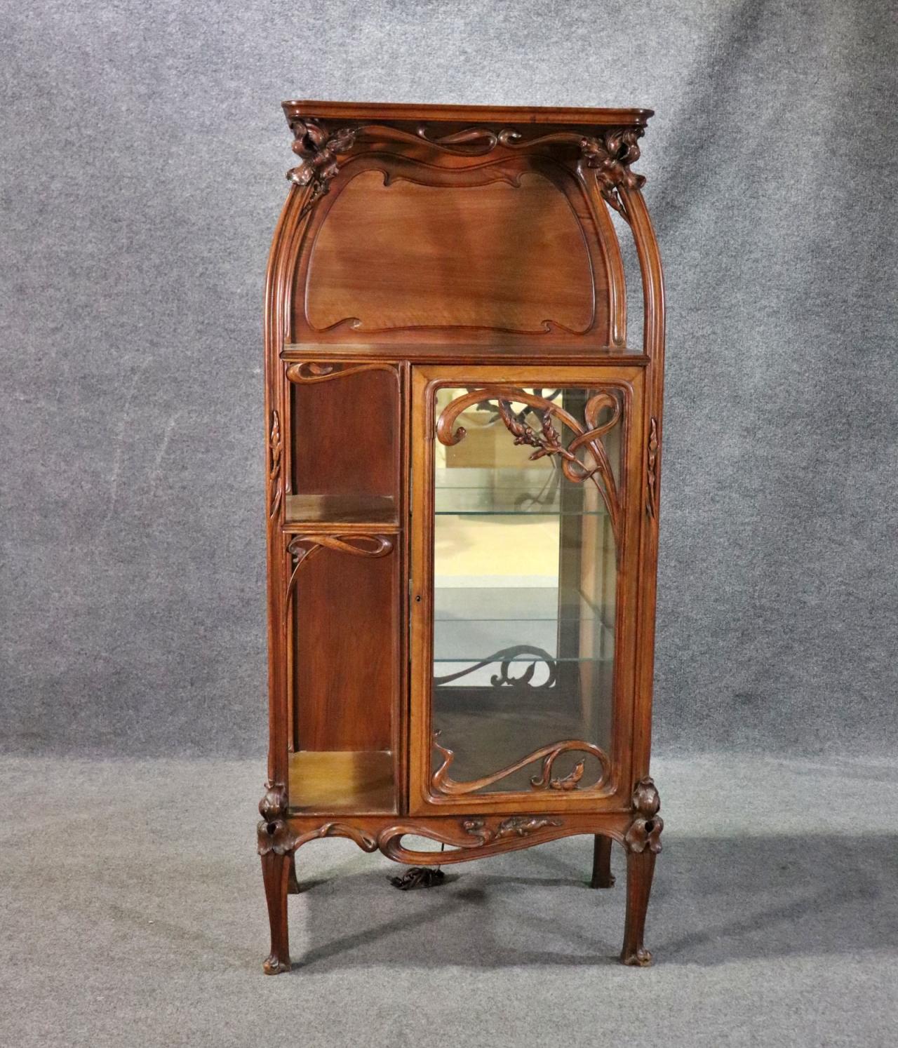 Signed A. Hugnet French Art Nouveau Walnut Vitrine China Cabinet