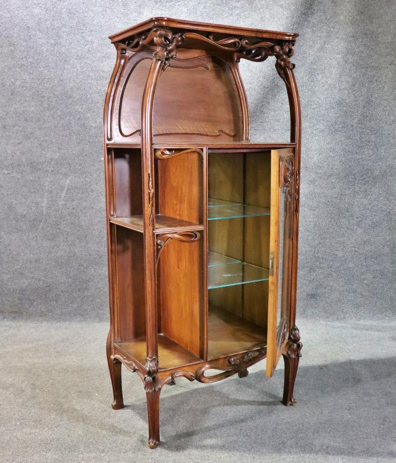 Signed A. Hugnet French Art Nouveau Walnut Vitrine China Cabinet