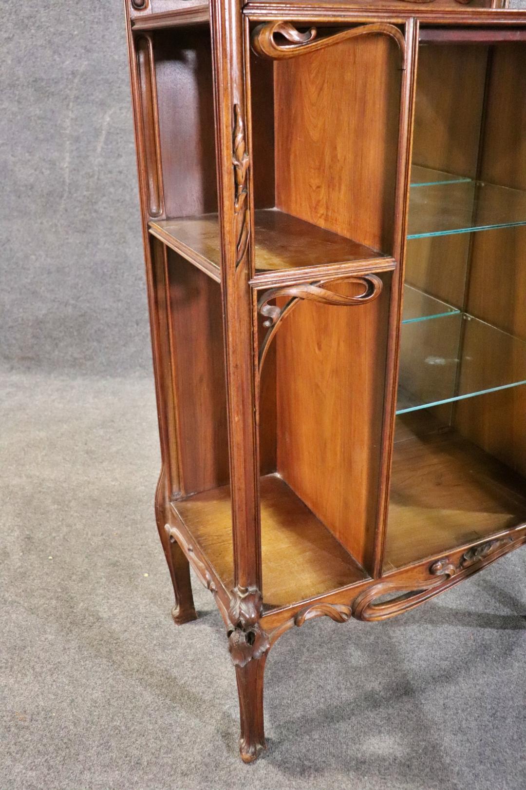 Signed A. Hugnet French Art Nouveau Walnut Vitrine China Cabinet