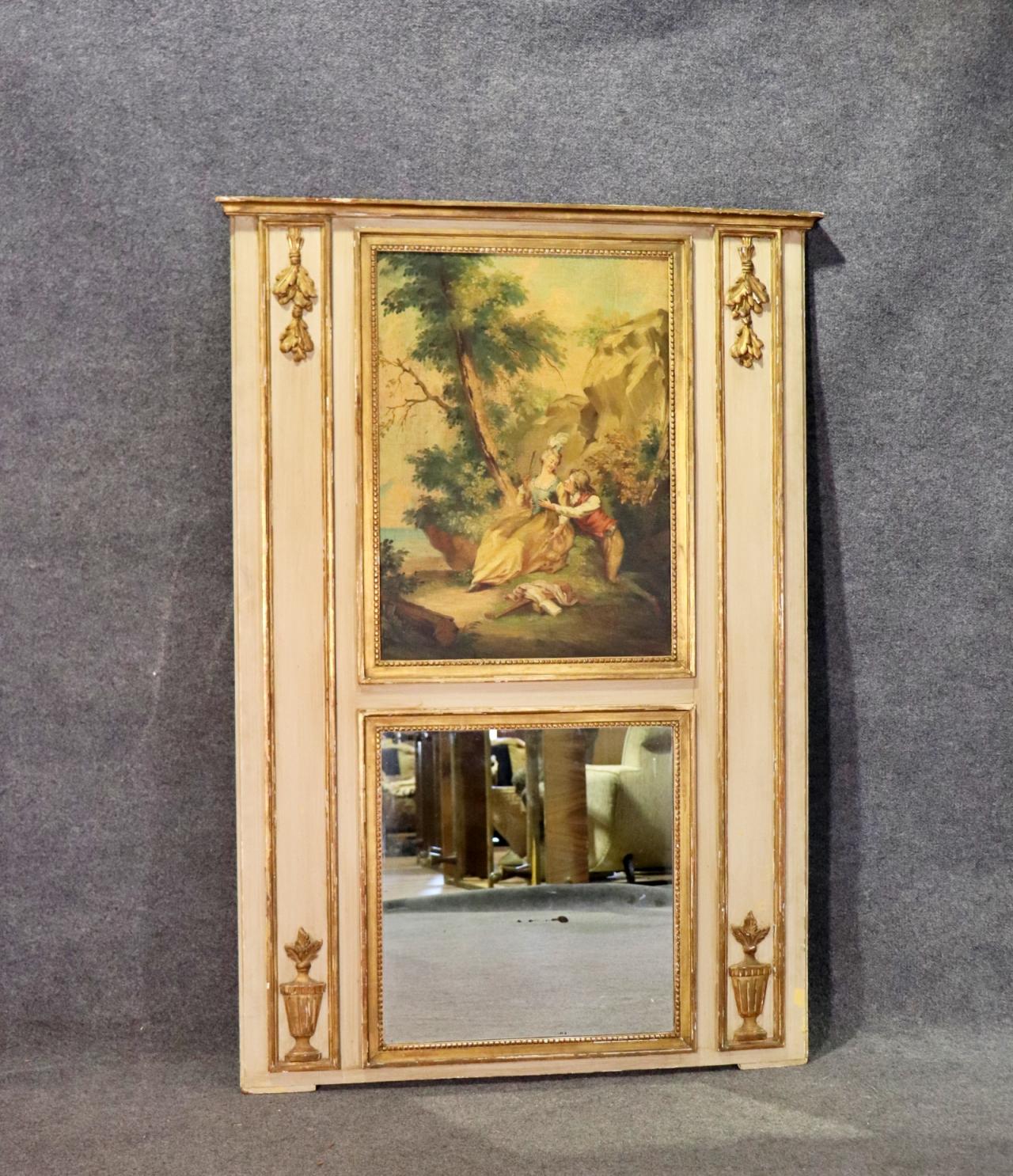 Monumental Antique French Painted Trumeau Mirror With Courtship Scenery