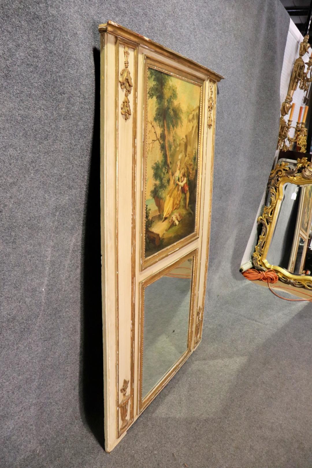 Monumental Antique French Painted Trumeau Mirror With Courtship Scenery