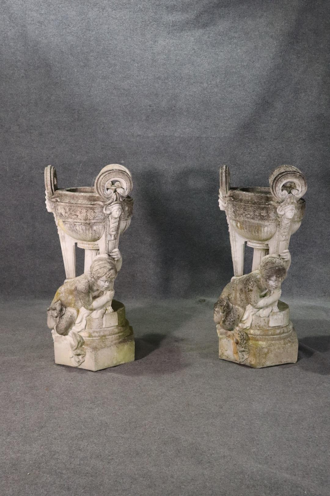 Pair of Very Large Cast Stone or Cement Antique French Cherub Putti Planters