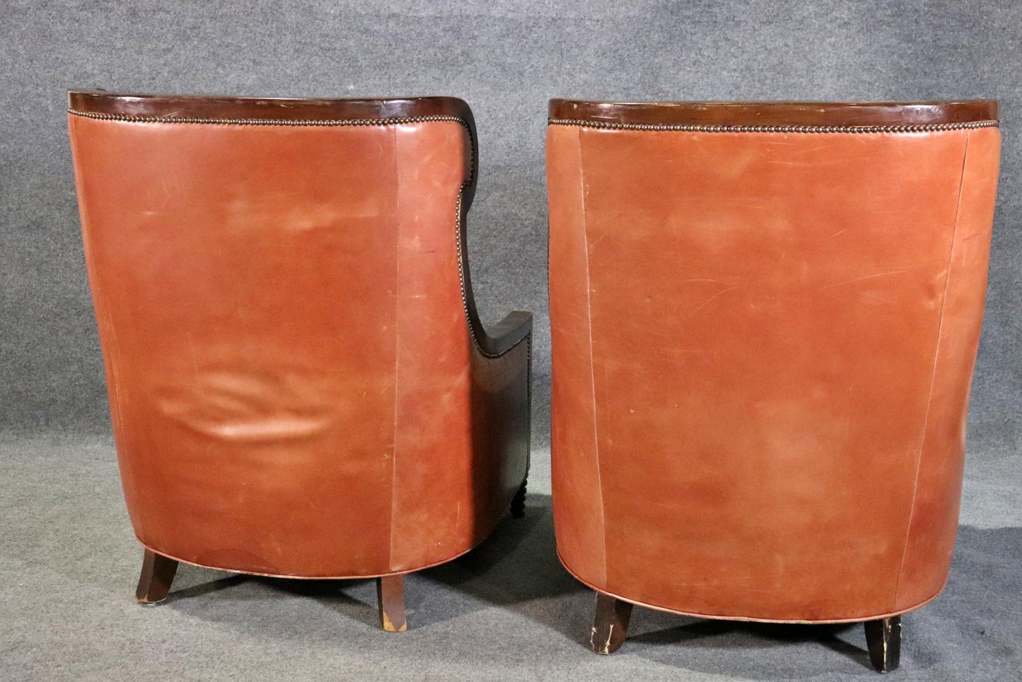 Large Pair Genuine Leather Tall   Brown Framed Bergere Wingchairs