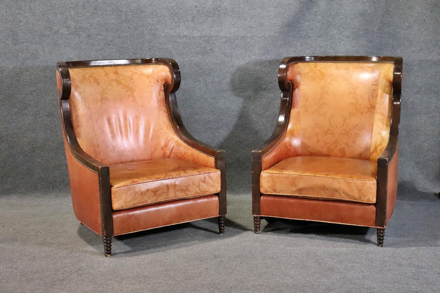 Large Pair Genuine Leather Tall   Brown Framed Bergere Wingchairs