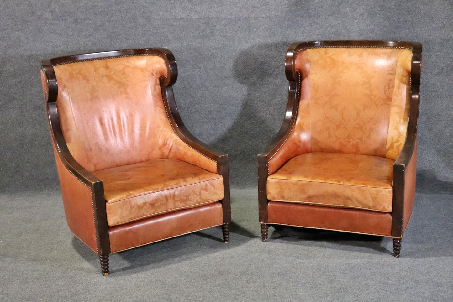 Large Pair Genuine Leather Tall   Brown Framed Bergere Wingchairs