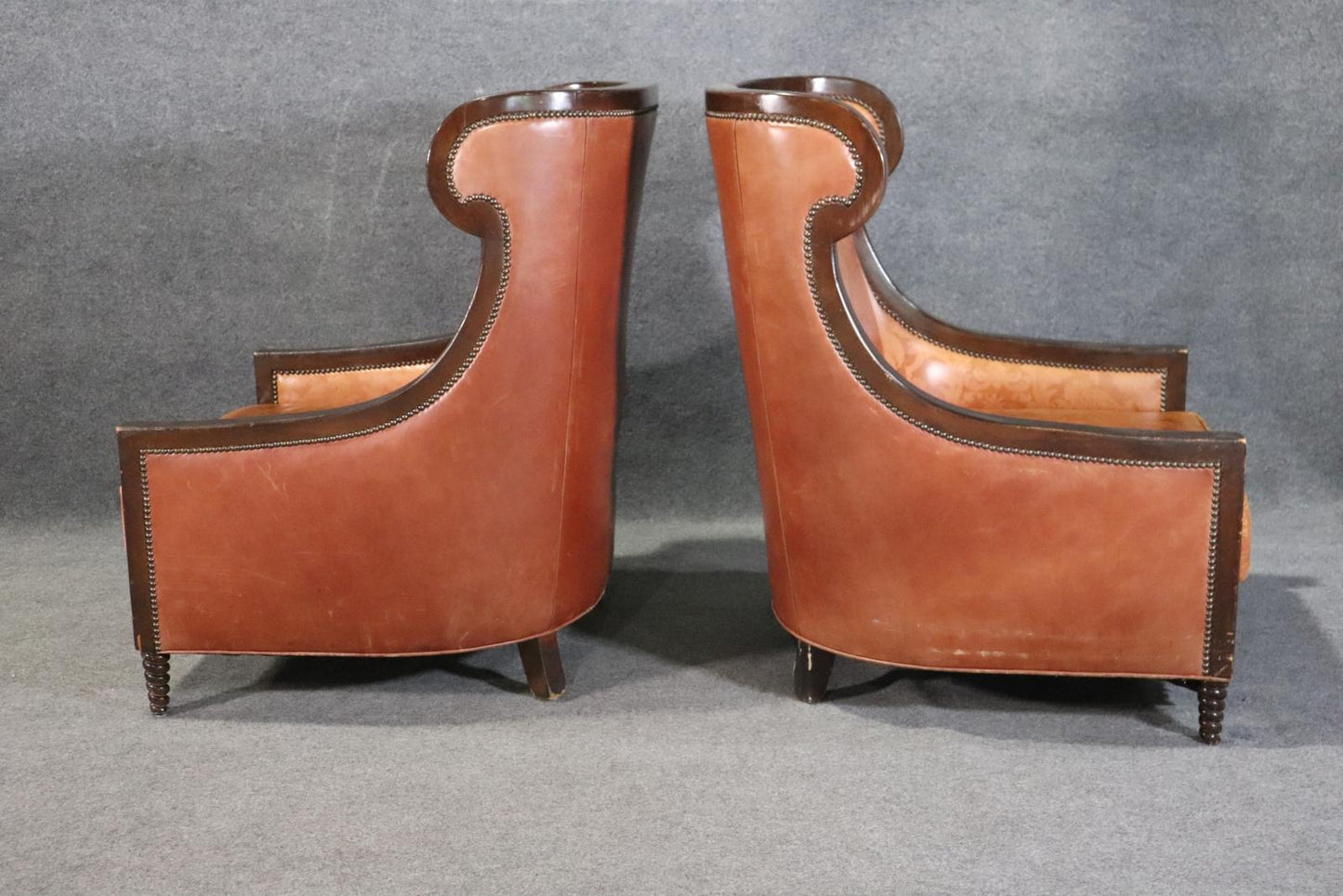 Large Pair Genuine Leather Tall   Brown Framed Bergere Wingchairs