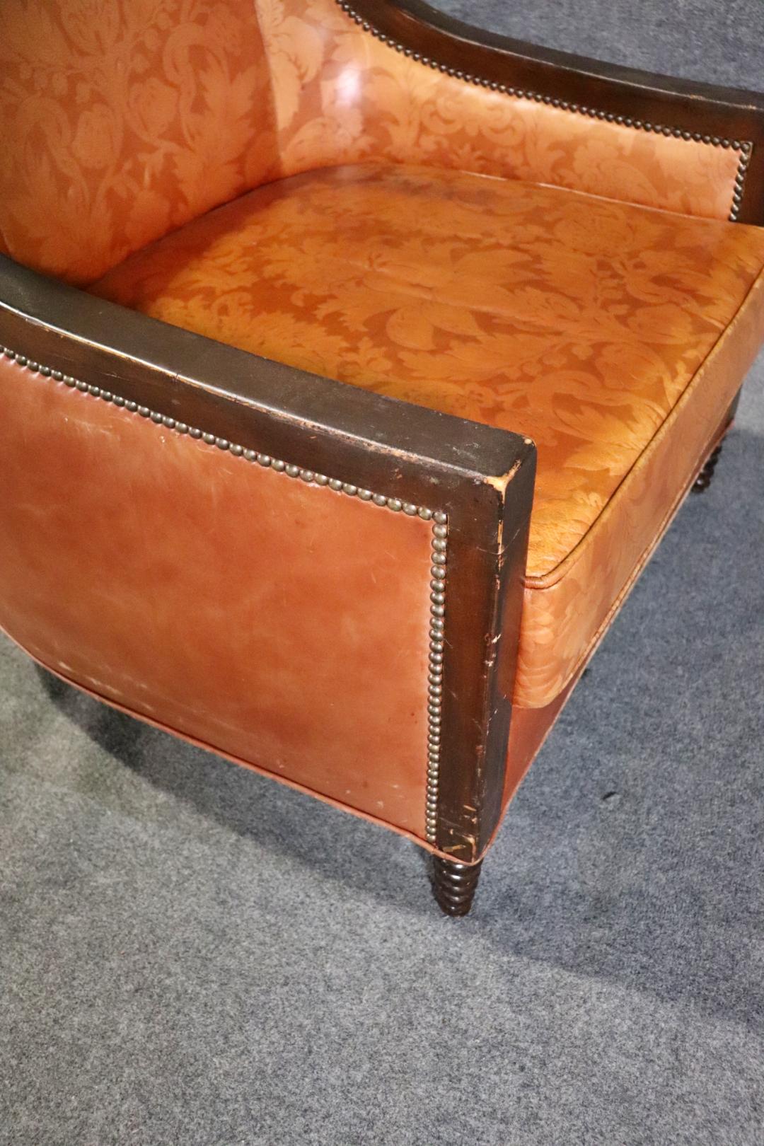 Large Pair Genuine Leather Tall   Brown Framed Bergere Wingchairs