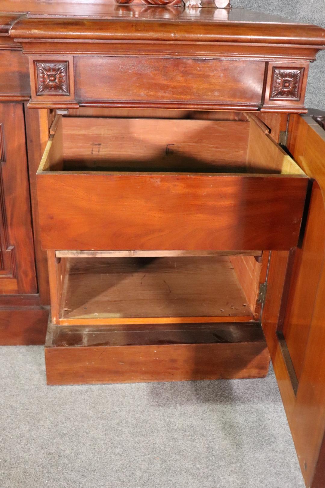 Rare Carved Full Figure Carved Solid Mahogany English Huntboard Sideboard C1870s