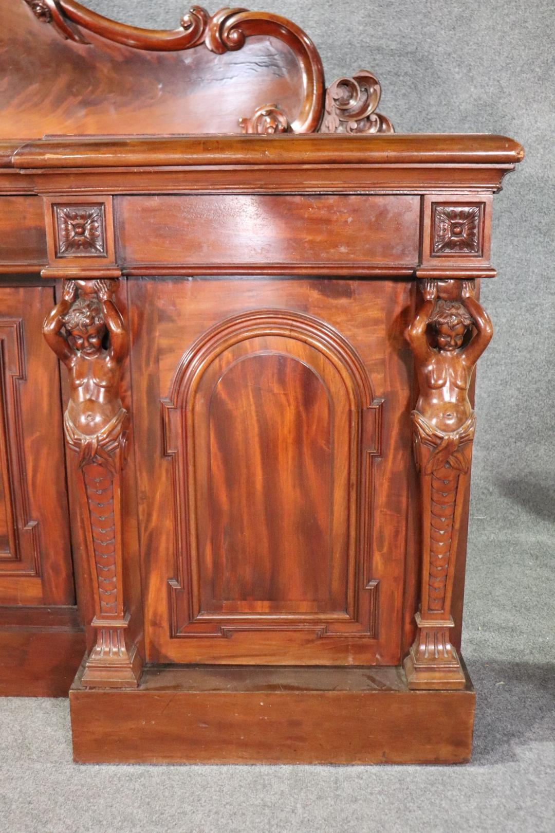 Rare Carved Full Figure Carved Solid Mahogany English Huntboard Sideboard C1870s