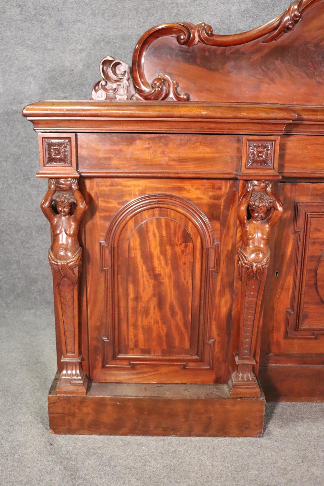 Rare Carved Full Figure Carved Solid Mahogany English Huntboard Sideboard C1870s