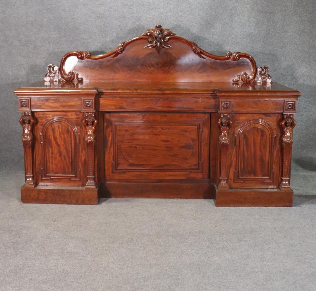 Rare Carved Full Figure Carved Solid Mahogany English Huntboard Sideboard C1870s