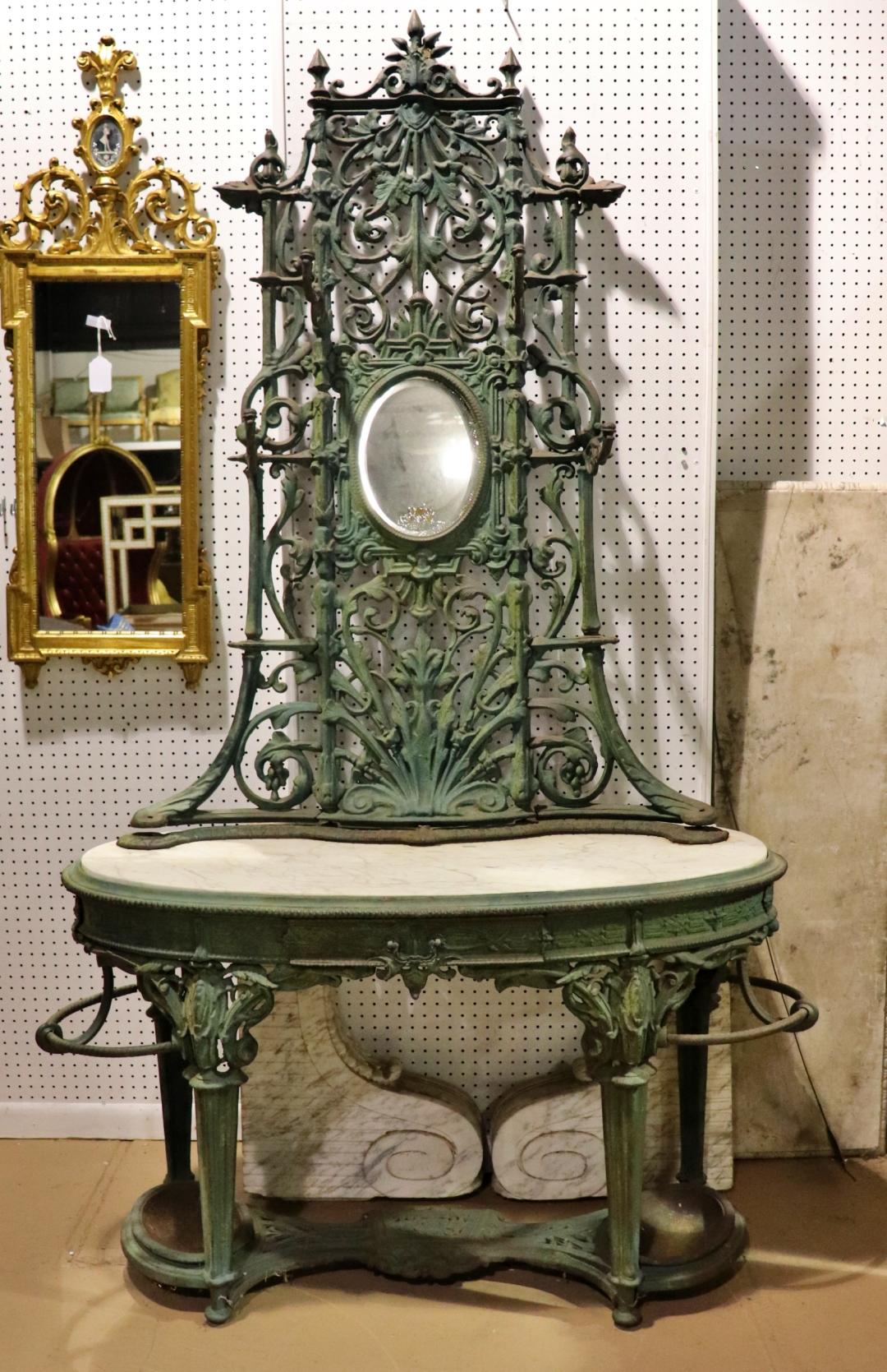 Cast Iron Verdi Gris Green Painted Marble Top Delft Coat Hall Tree Circa 1860