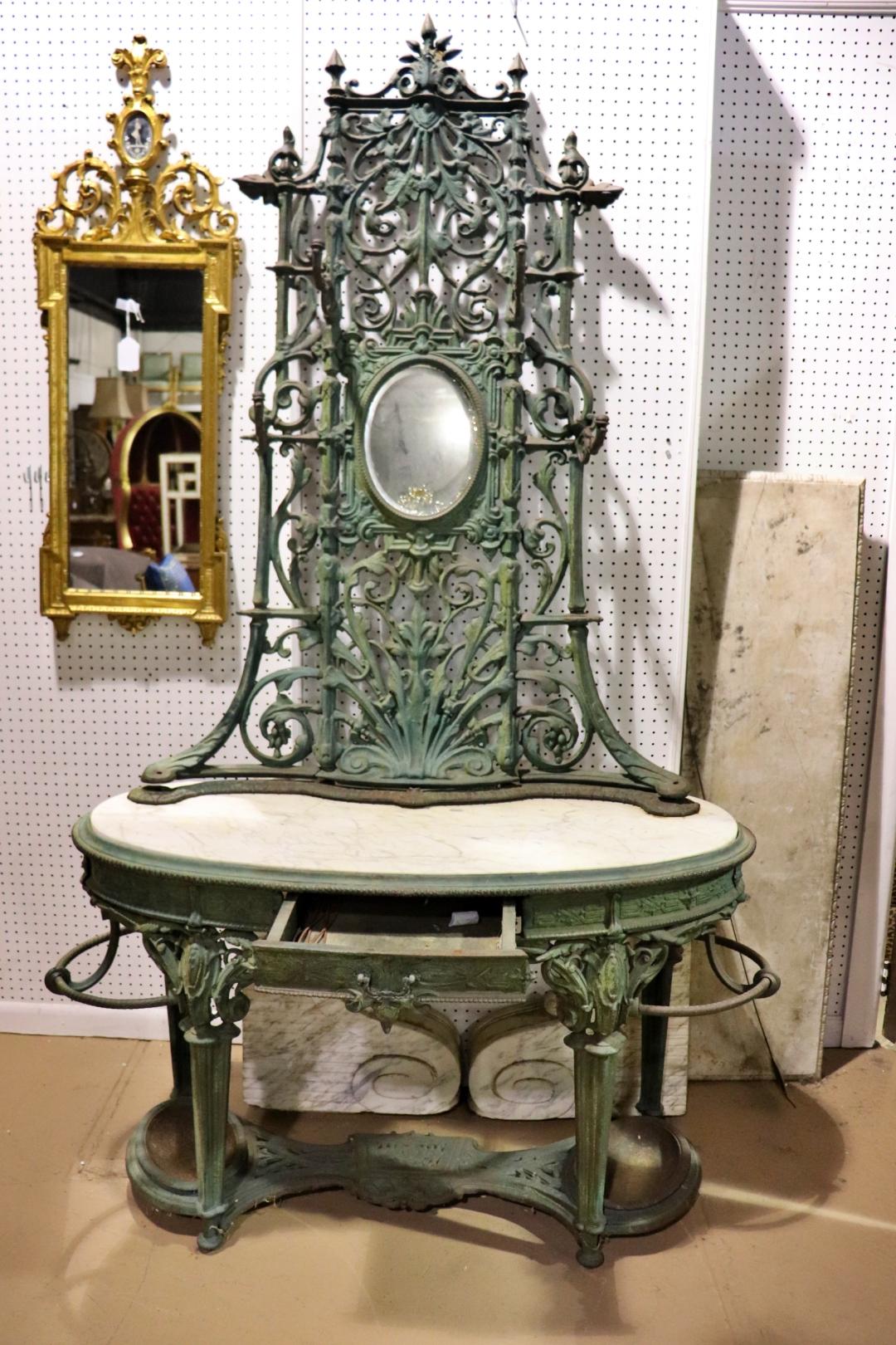 Cast Iron Verdi Gris Green Painted Marble Top Delft Coat Hall Tree Circa 1860