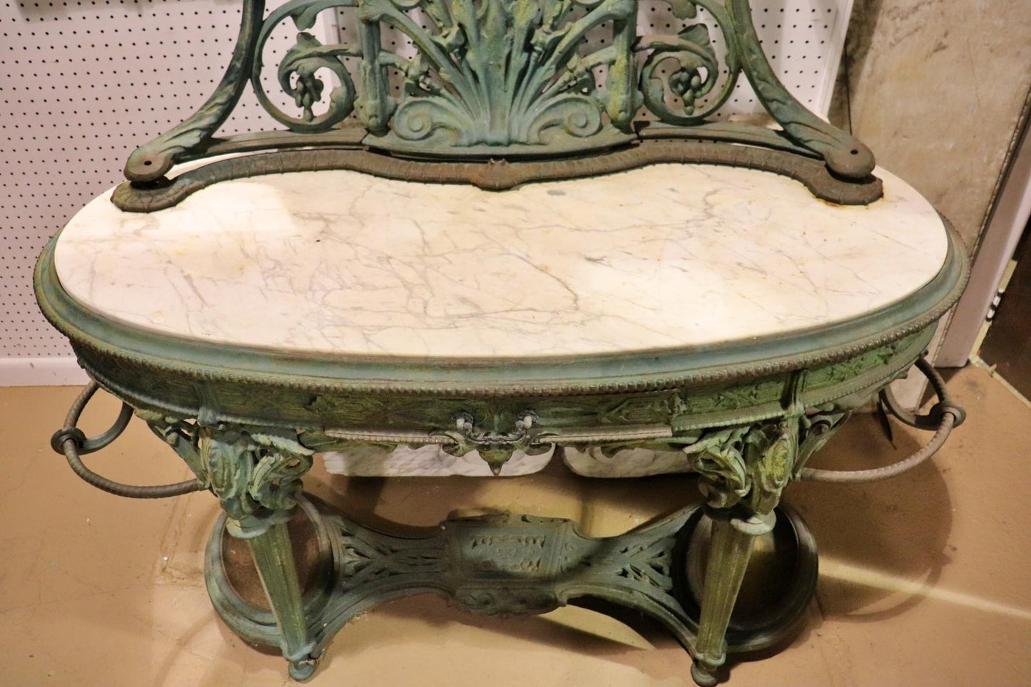 Cast Iron Verdi Gris Green Painted Marble Top Delft Coat Hall Tree Circa 1860