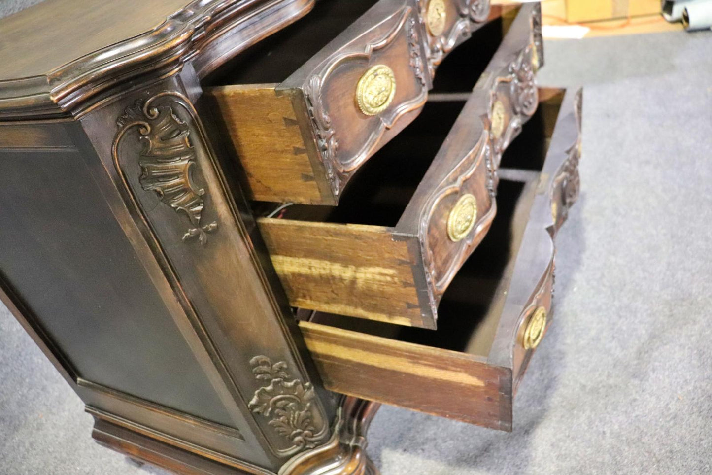 Sensational Portuguese Style Carved Walnut and Brass Commode Chest of Drawers