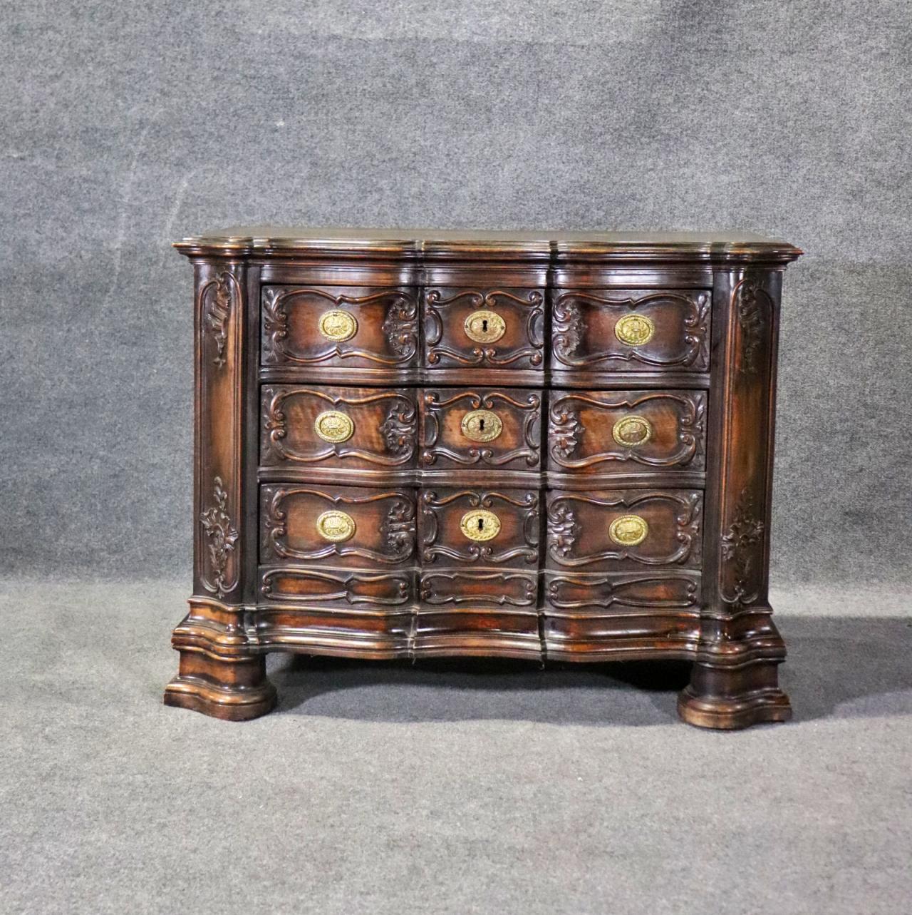 Sensational Portuguese Style Carved Walnut and Brass Commode Chest of Drawers