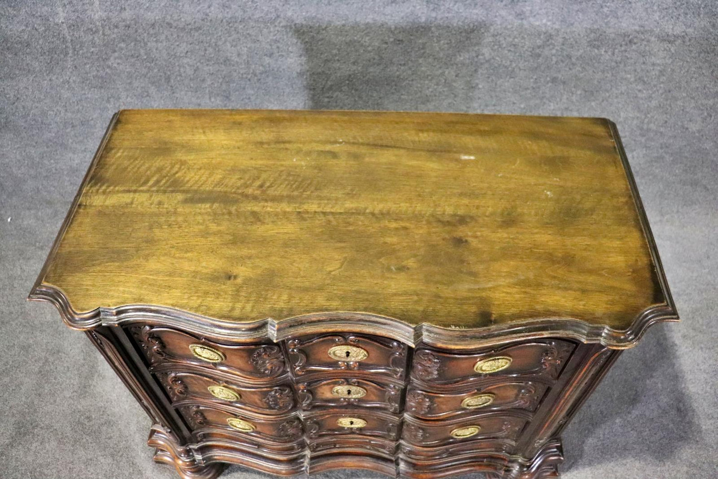 Sensational Portuguese Style Carved Walnut and Brass Commode Chest of Drawers