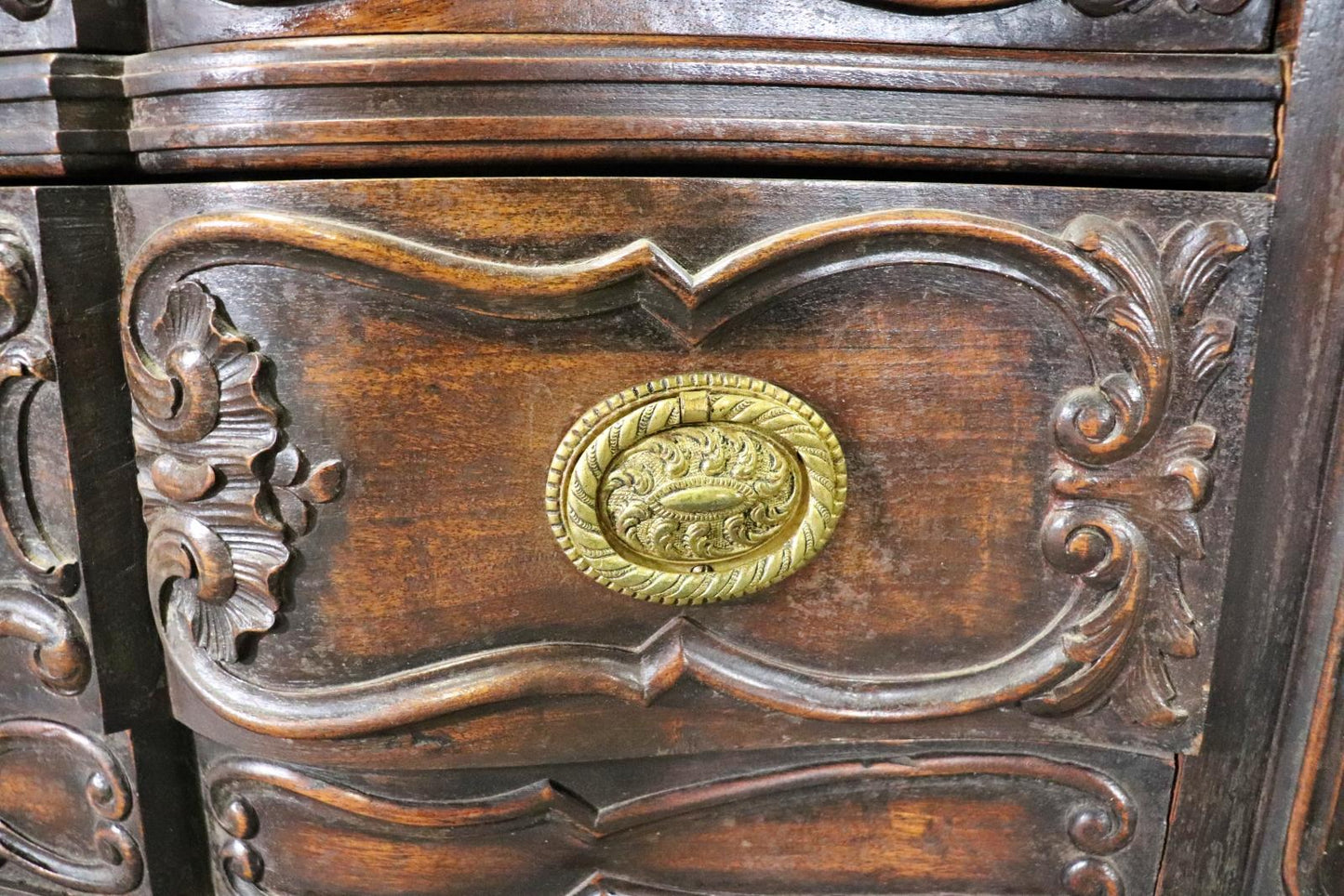 Sensational Portuguese Style Carved Walnut and Brass Commode Chest of Drawers