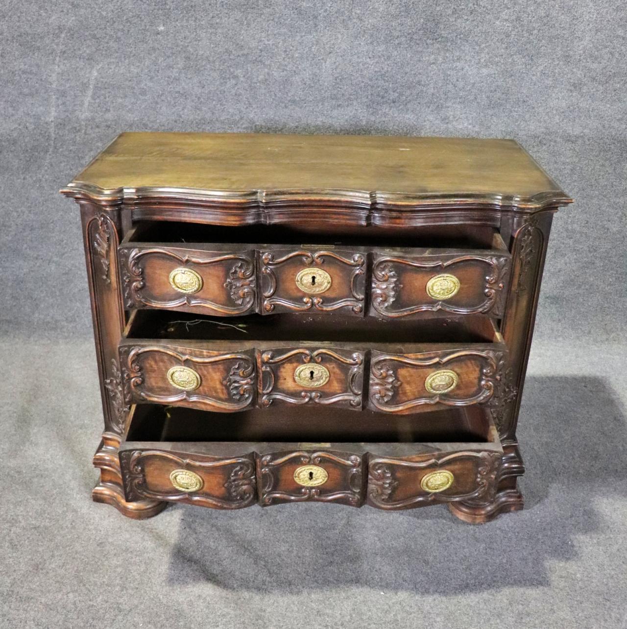 Sensational Portuguese Style Carved Walnut and Brass Commode Chest of Drawers