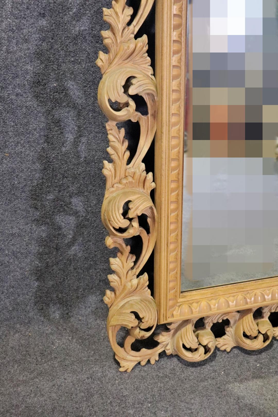 Gorgeous 6ft Tall Carved Beech Italian Rococo Mirror with Full Relief Leaves