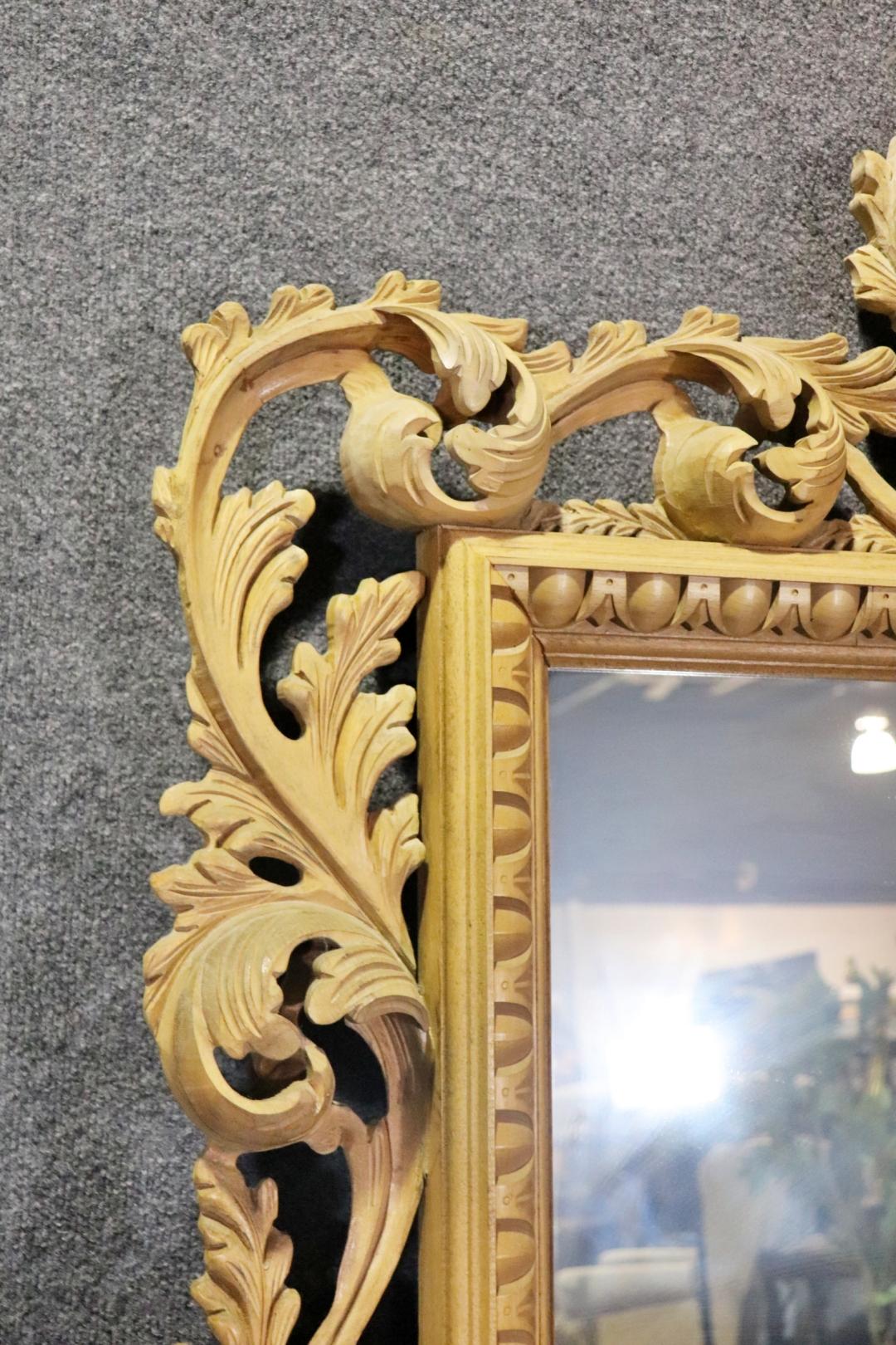 Gorgeous 6ft Tall Carved Beech Italian Rococo Mirror with Full Relief Leaves