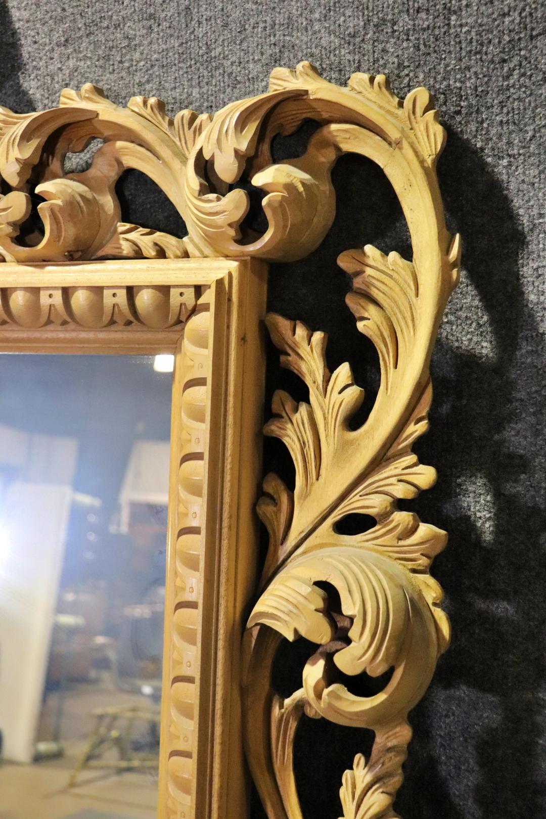 Gorgeous 6ft Tall Carved Beech Italian Rococo Mirror with Full Relief Leaves