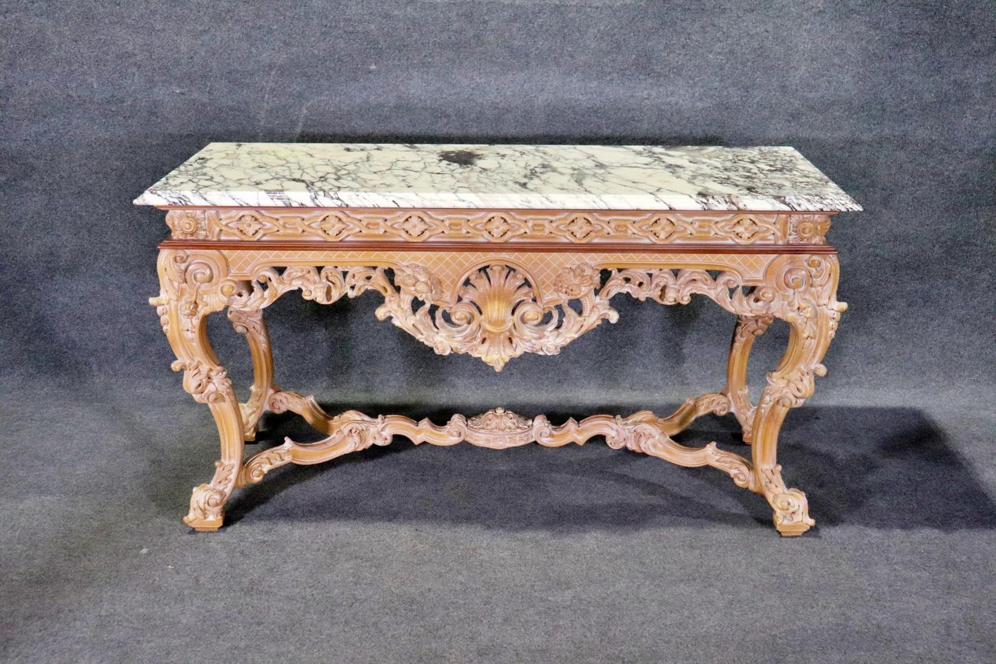 Rare Pair of French Carved Limed Beechwood Marble Top Louis XV Console Tables