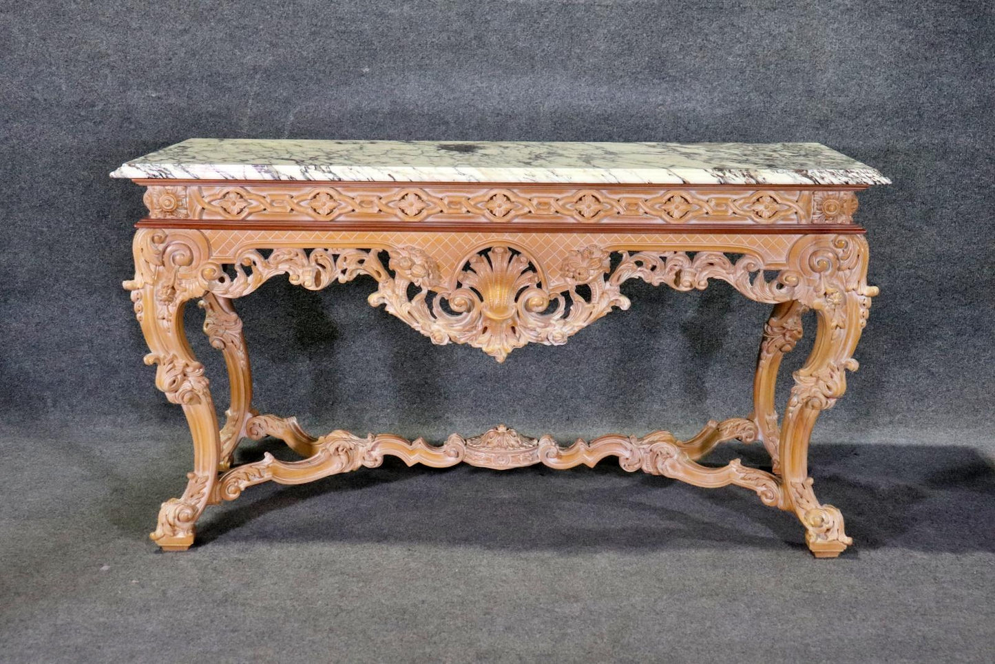 Rare Pair of French Carved Limed Beechwood Marble Top Louis XV Console Tables