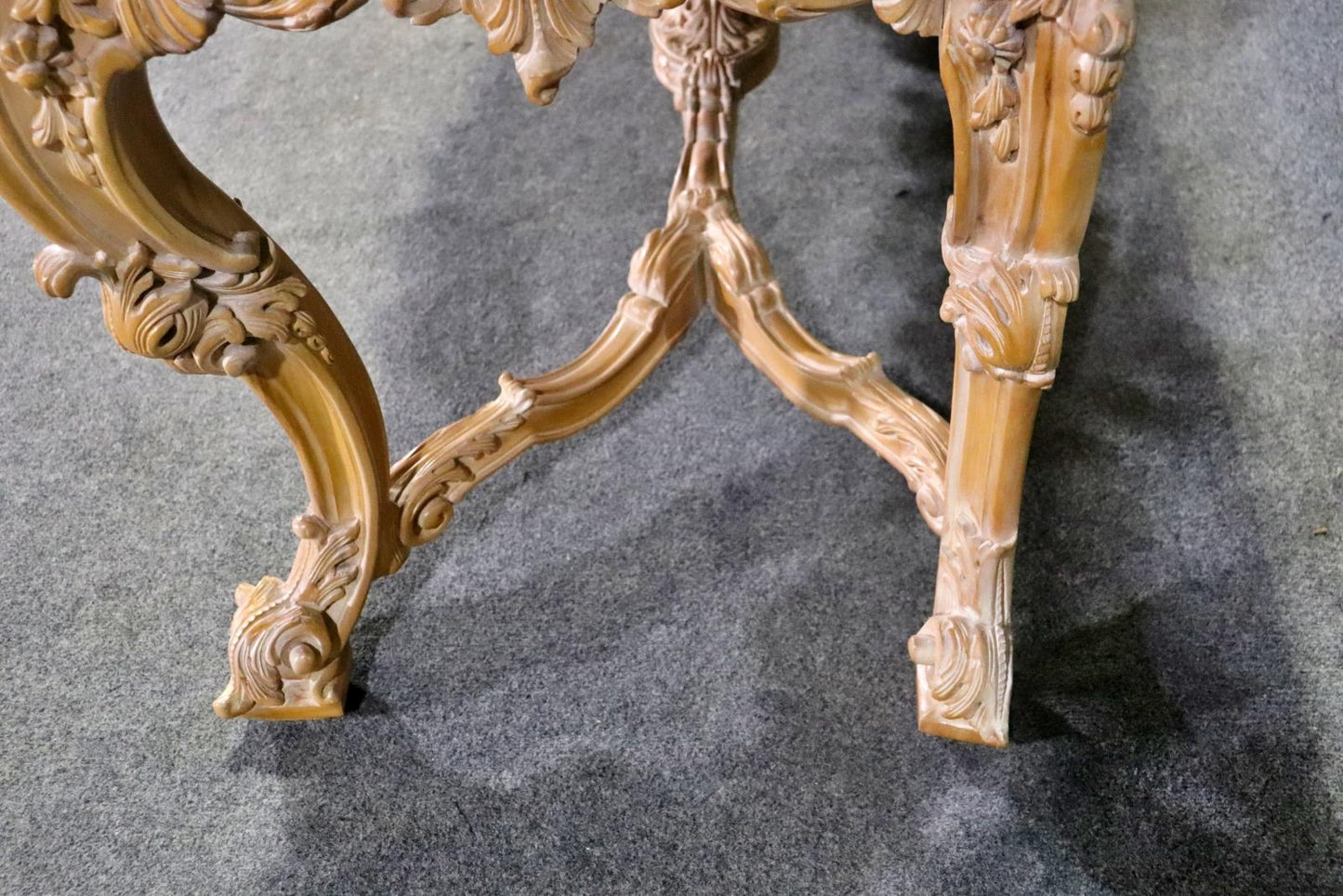 Rare Pair of French Carved Limed Beechwood Marble Top Louis XV Console Tables