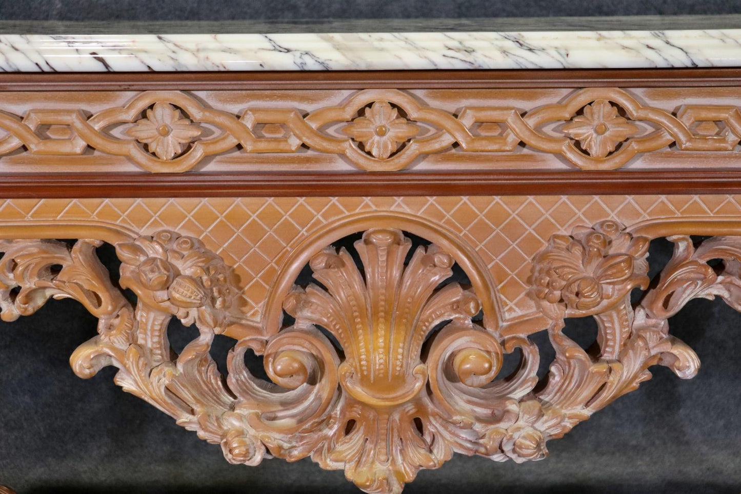 Rare Pair of French Carved Limed Beechwood Marble Top Louis XV Console Tables