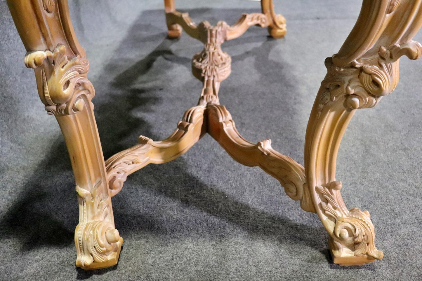 Rare Pair of French Carved Limed Beechwood Marble Top Louis XV Console Tables