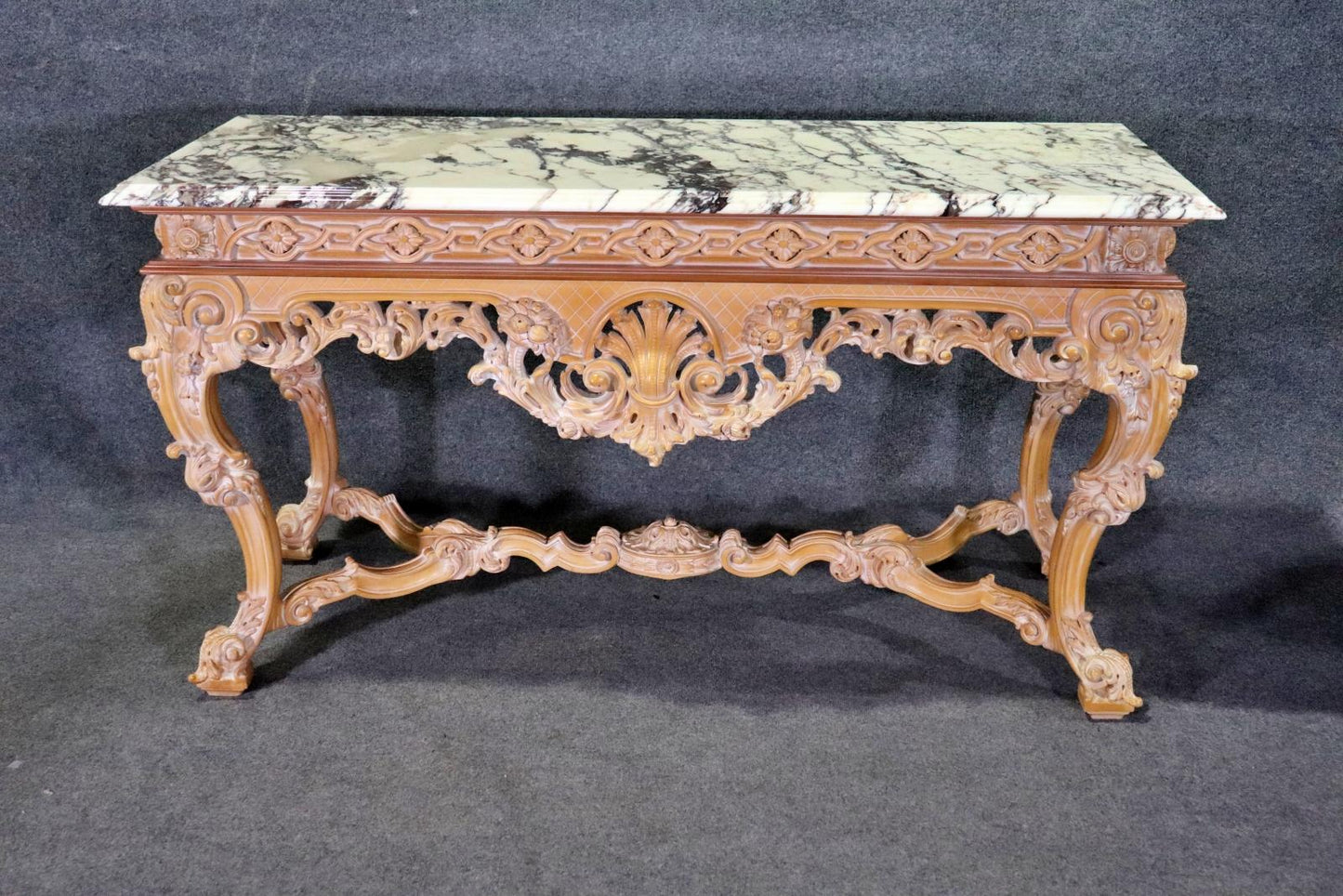 Rare Pair of French Carved Limed Beechwood Marble Top Louis XV Console Tables