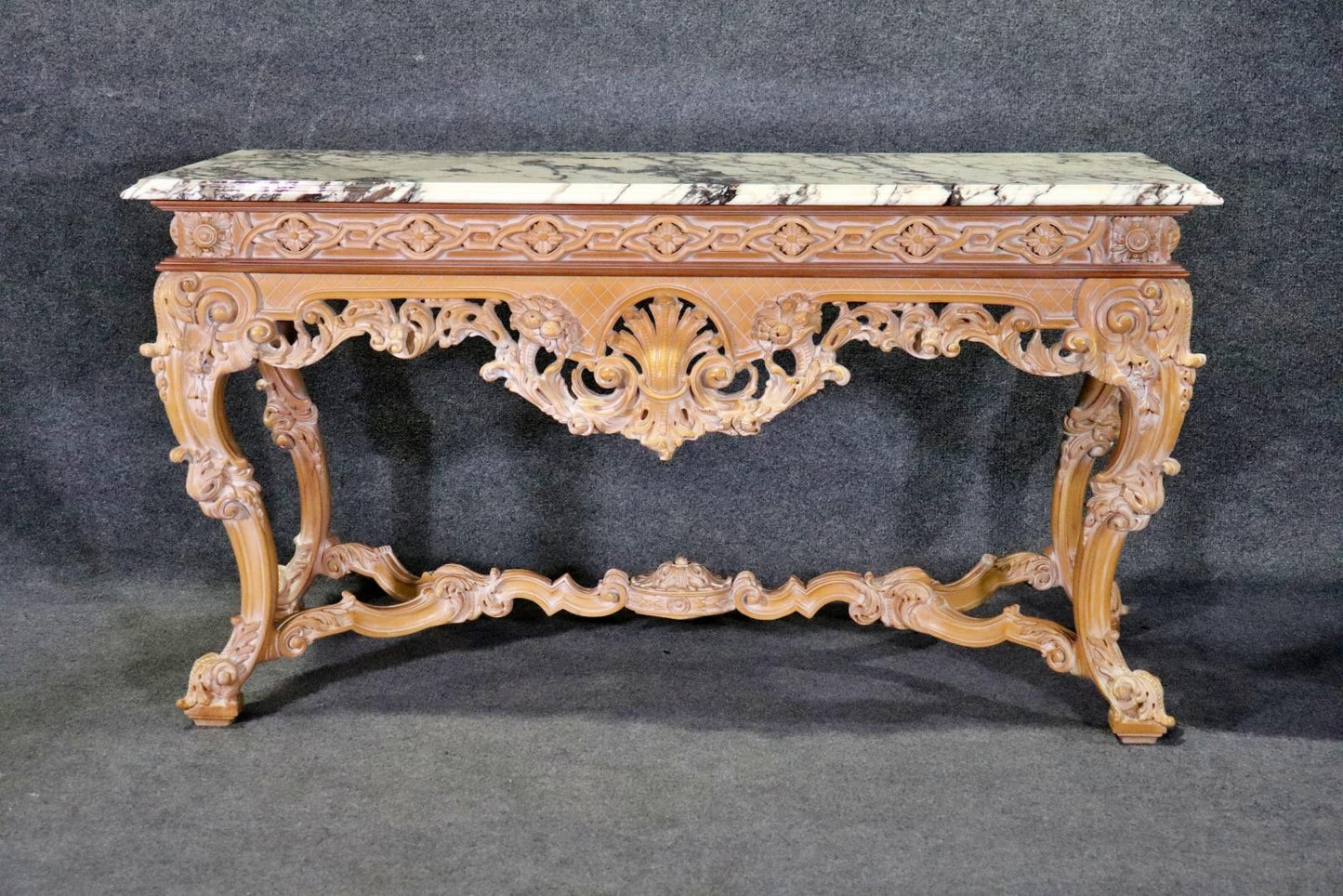 Rare Pair of French Carved Limed Beechwood Marble Top Louis XV Console Tables